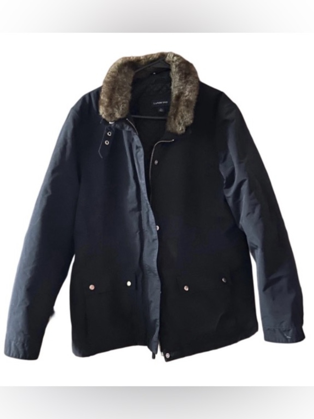 Lands End Womens Black Jacket Coat Removable Faux Fur Collar Quilted Sz L 14-16